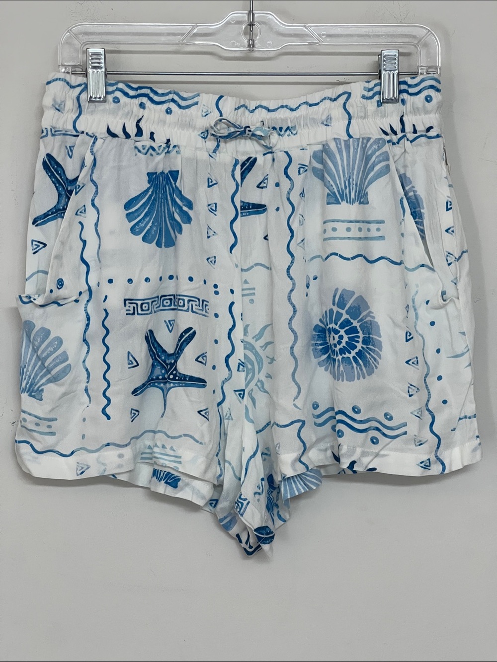🌞 Ocean Drive White & Light Blue Shell-Print Drawstring Shorts women size L